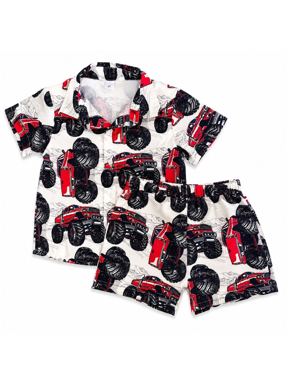 Monster Truck 2-Piece Matching Set | Boys Size 3T Button Up & Shorts Outfit